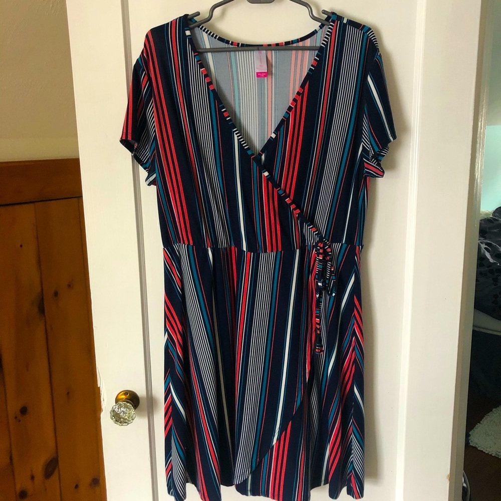 Striped faux wrap dress in pink and navy
